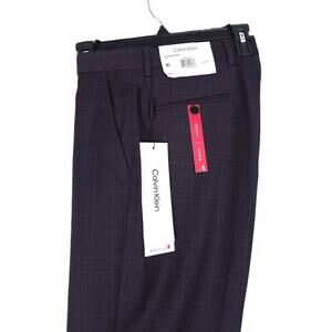 Calvin Klein Mens Slim Fit Dress Pant 32x32 Navy Burgundy Plaid Stretch Wool NWT